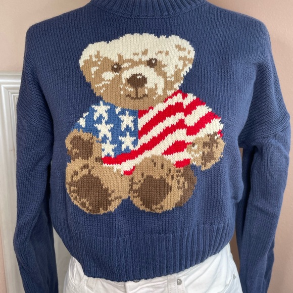 Grayson Threads Sweaters - Americana Teddy Bear Sweater USA Flag Knit Patriotic 4th July S
